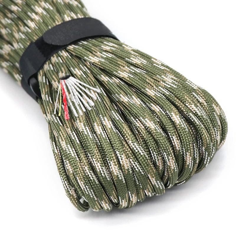 PSKOOK Survival Paracord Rope PSKOOK 100 Feet Fire Starter Parachute Cord 7-Strand Nylon with Red Tinder Cord PE Fishing Line Cotton Thread for Outdoor Lanyards, Bracelets, Handle Wraps (Forest Camo) - Image 1